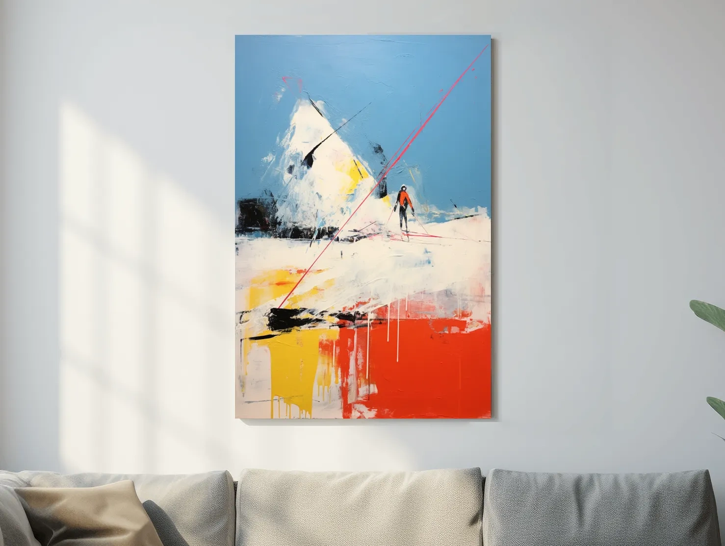 Expressionist style abstract painting of a skier
