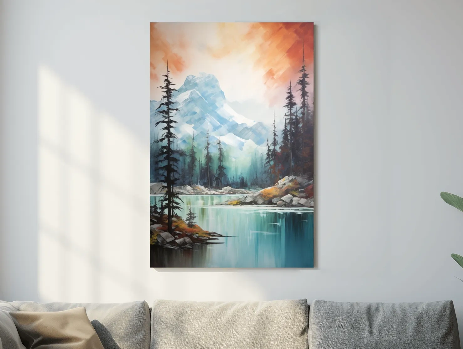 Turquoise Alpine Lake & Pine Forest Sunset Watercolor - Serene Mountain Landscape Wall Art