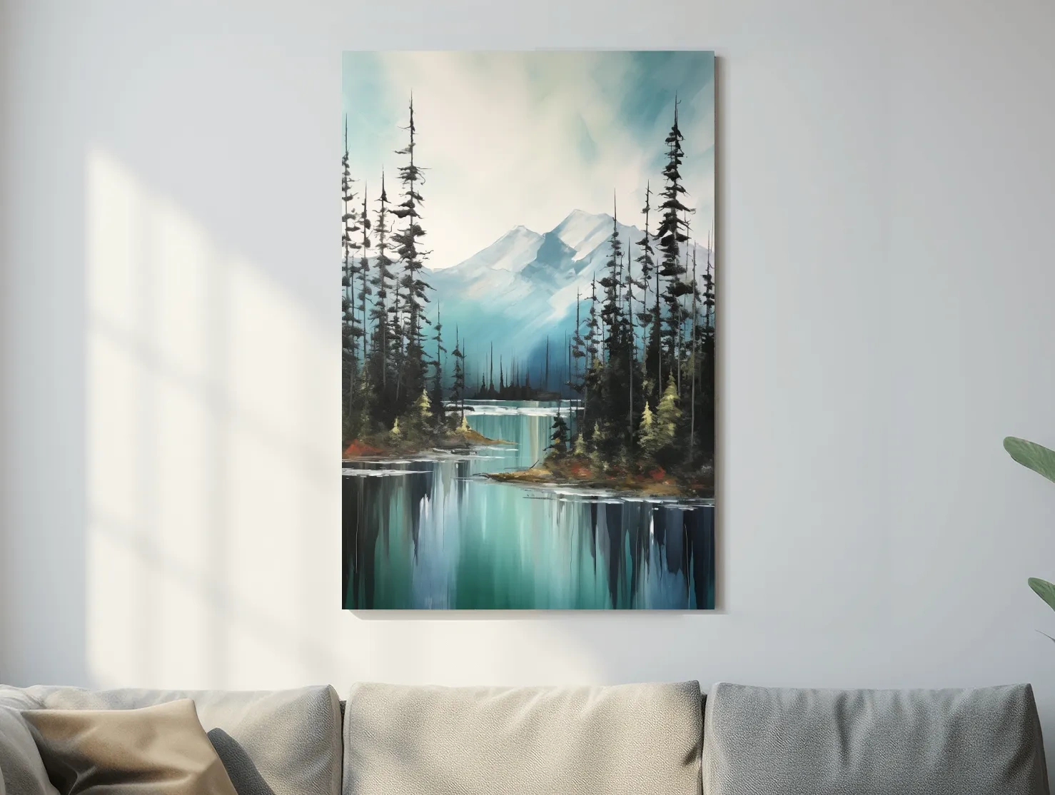 Alpine Turquoise Lake Watercolor Landscape - Serene Pine Forest Nature Wall Art