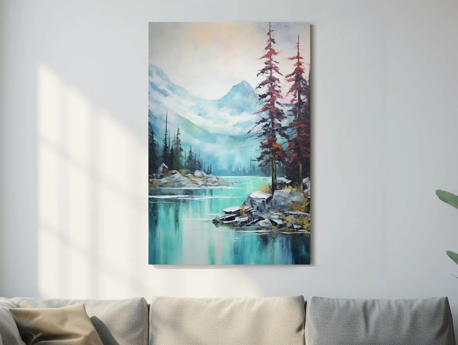 Misty Turquoise Alpine Lake Watercolor - Serene Mountain Landscape Wall Art