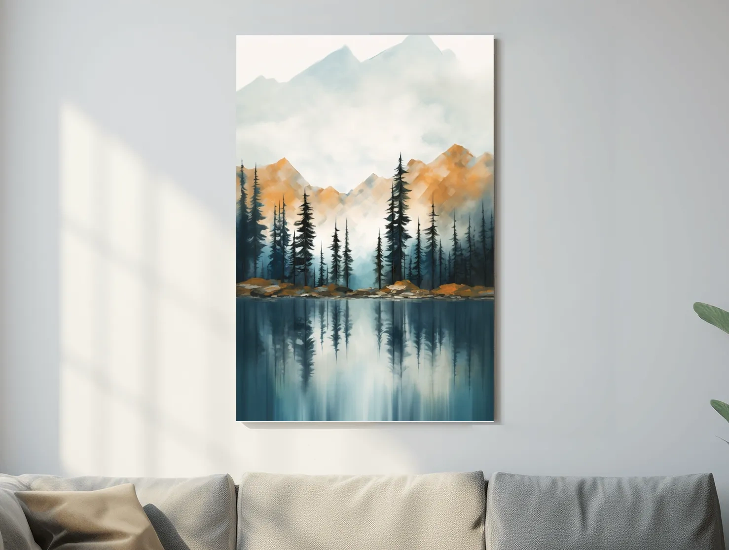 Misty Watercolor Mountain Lake Reflection - Serene Pine Forest Landscape Wall Art