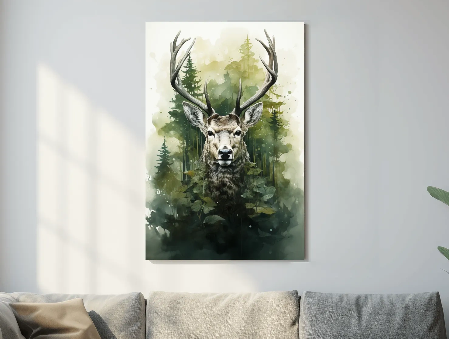 Watercolor Deer Portrait In Misty Pine Forest - Woodland Wildlife Wall Art