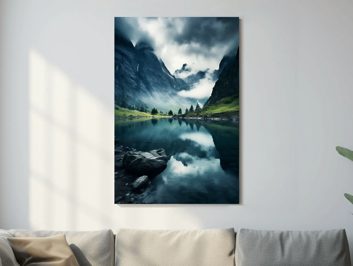 Moody Misty Alpine Lake Reflection - Dramatic Photographic Mountain Wall Art