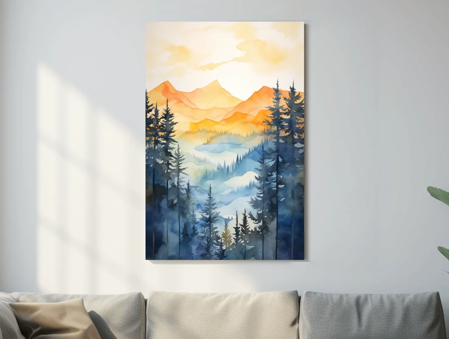 Golden Watercolor Mountain Sunrise Painting - Misty Alpine Forest Artwork