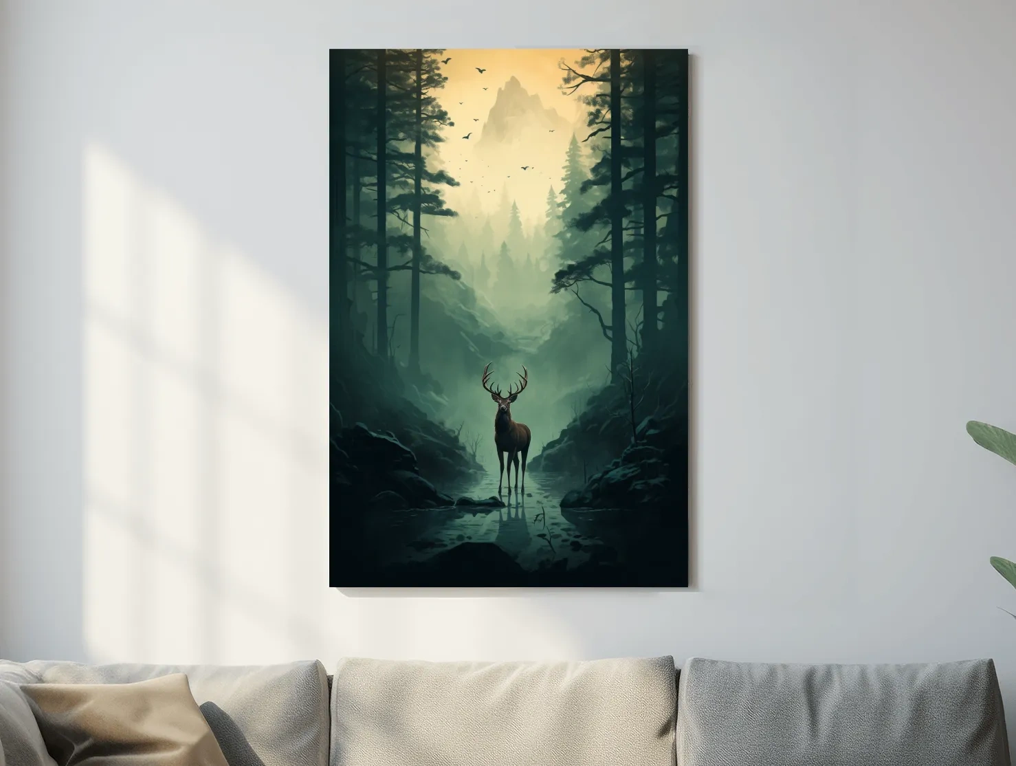 Moody Misty Forest Deer Stag Landscape - Atmospheric Wildlife Mountain Wall Art