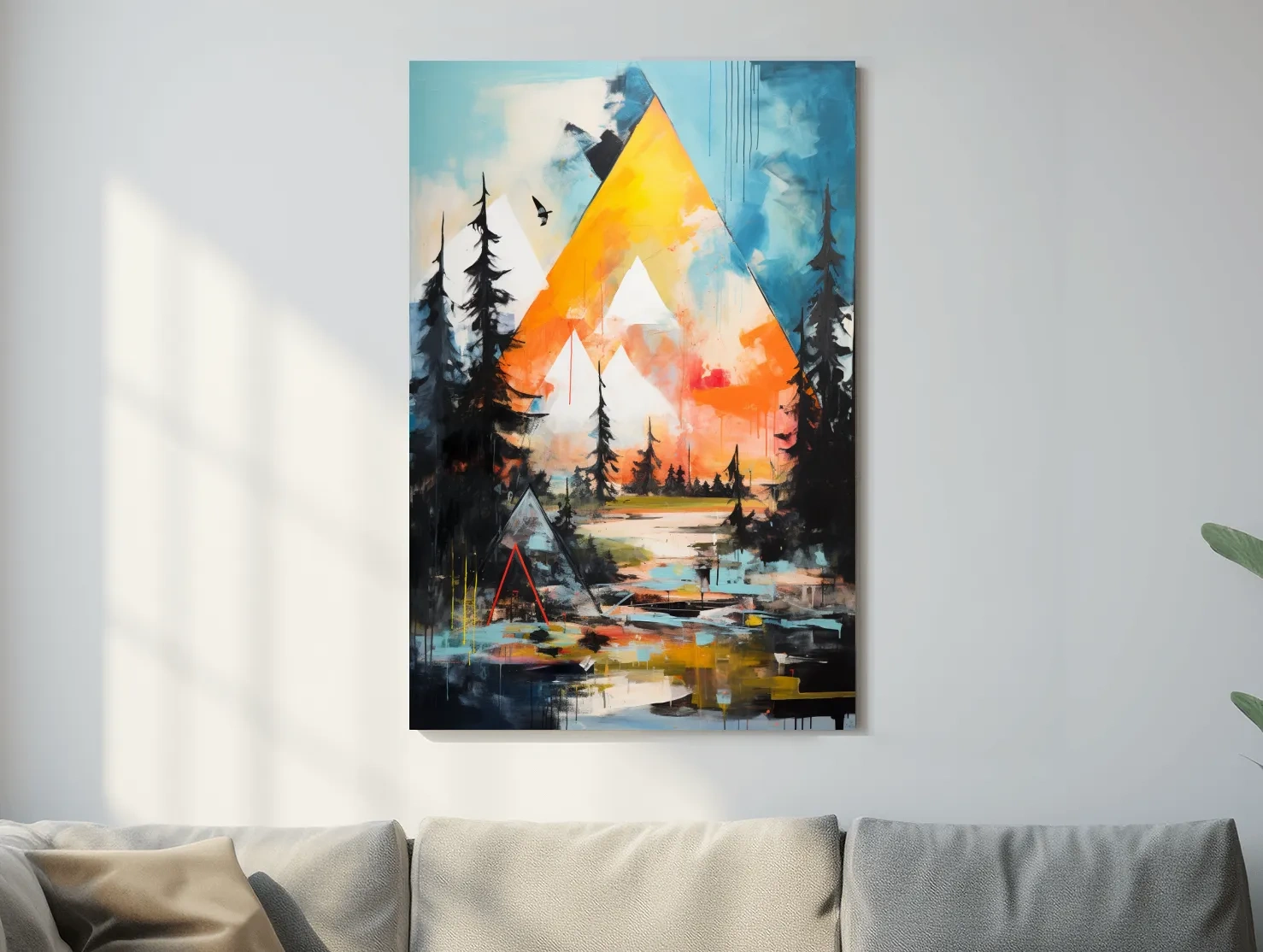 Vibrant Abstract Mountain Painting - Modern Geometric Alpine Forest Wall Art