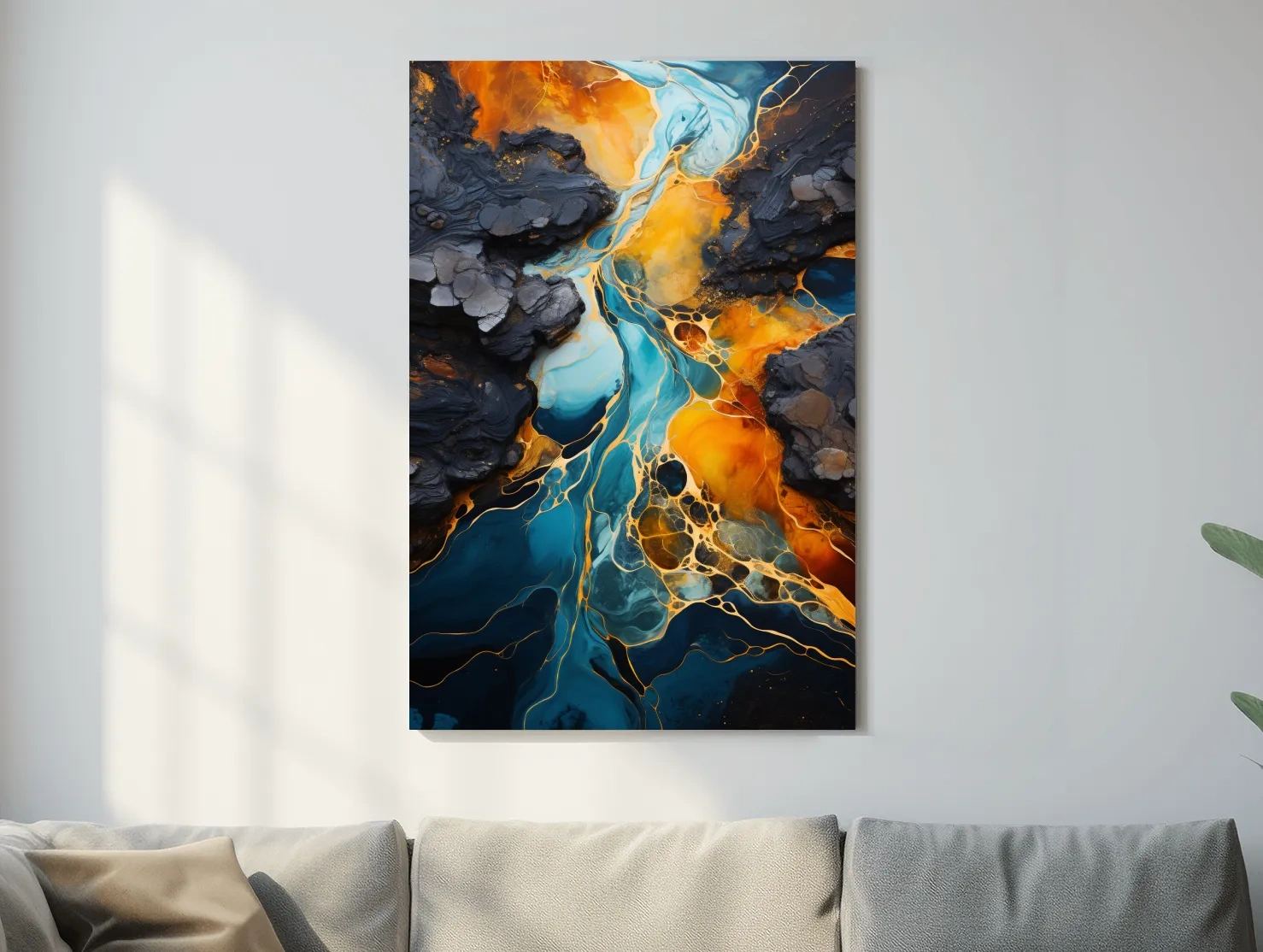 Elegant Gold And Teal Abstract Flowinf River - Alcohol Ink Style Wall Art