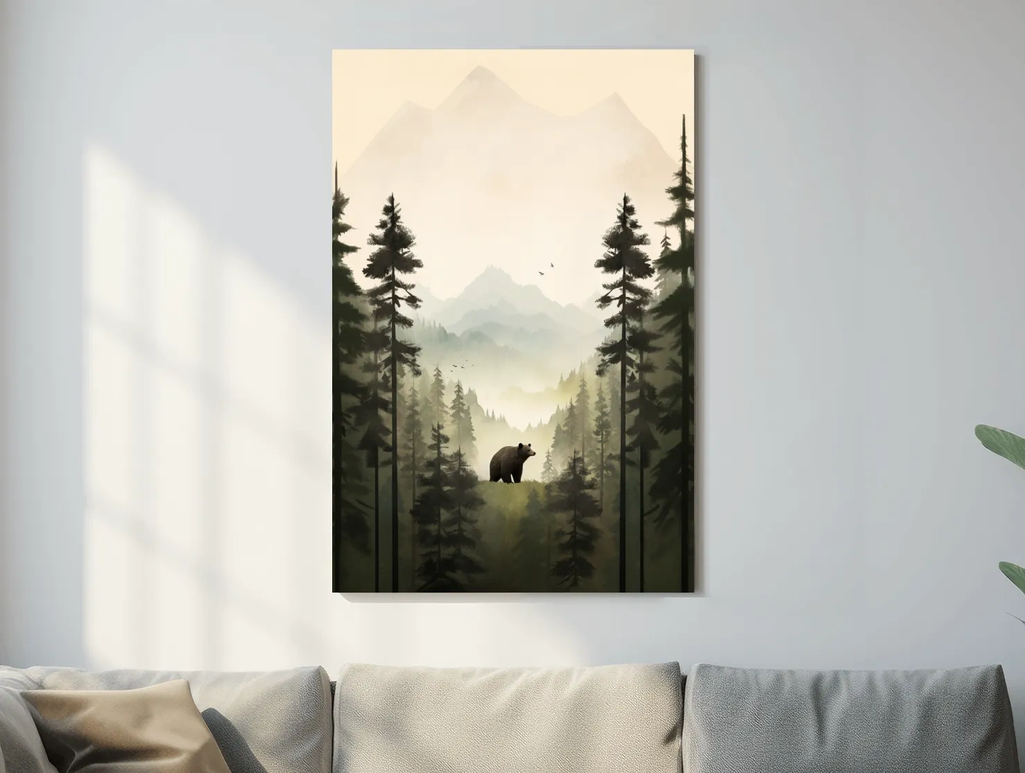 Misty Pine Forest Bear Illustration - Minimalist Wildlife Wall Art