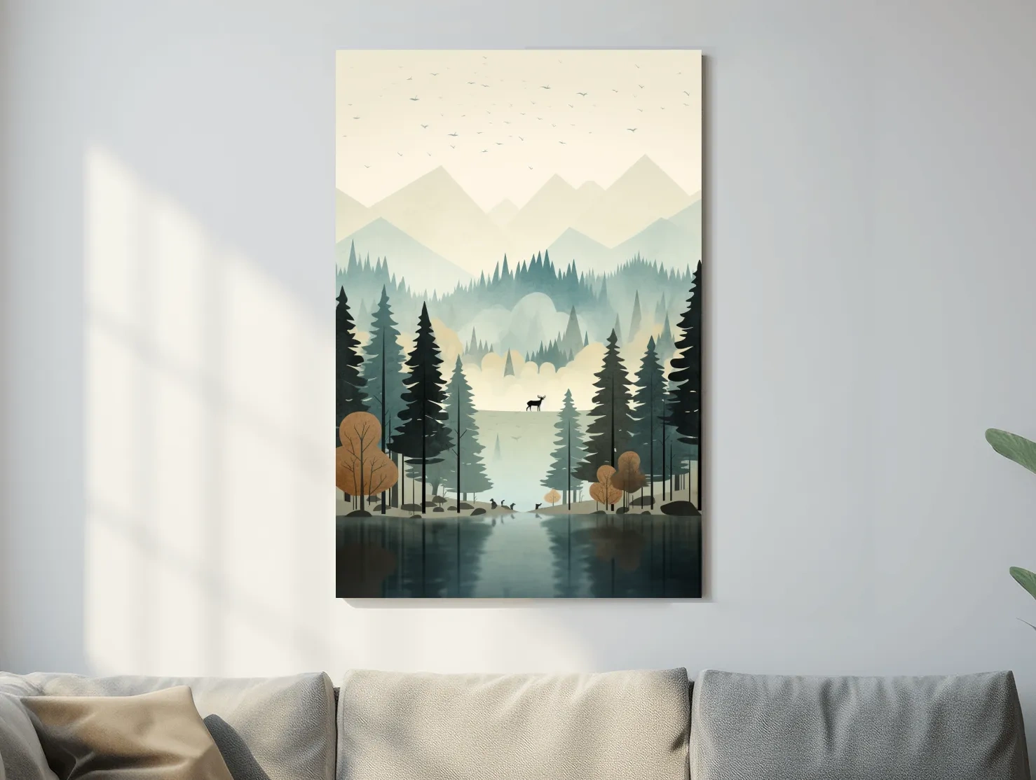 Alpine Lake Forest With Deer - Scandinavian Minimalist Wall Art