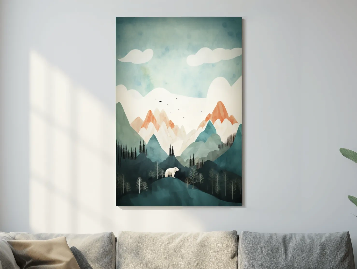 Whimsical Bear Alpine Mountain Landscape - Childrens Nursery Wall Art