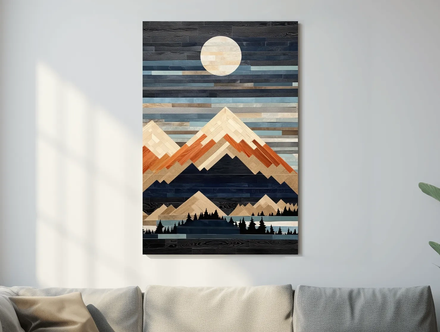 Geometric Wood Mosaic Mountain Range Under Full Moon - Modern Rustic Landscape Wall Art