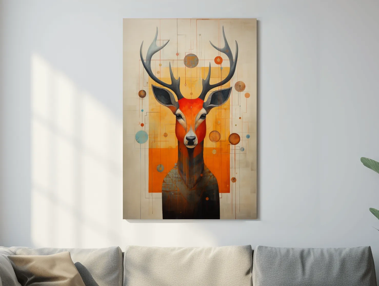 Mid Century Abstract Stag Portrait Painting - Quirky Wildlife Wall Art