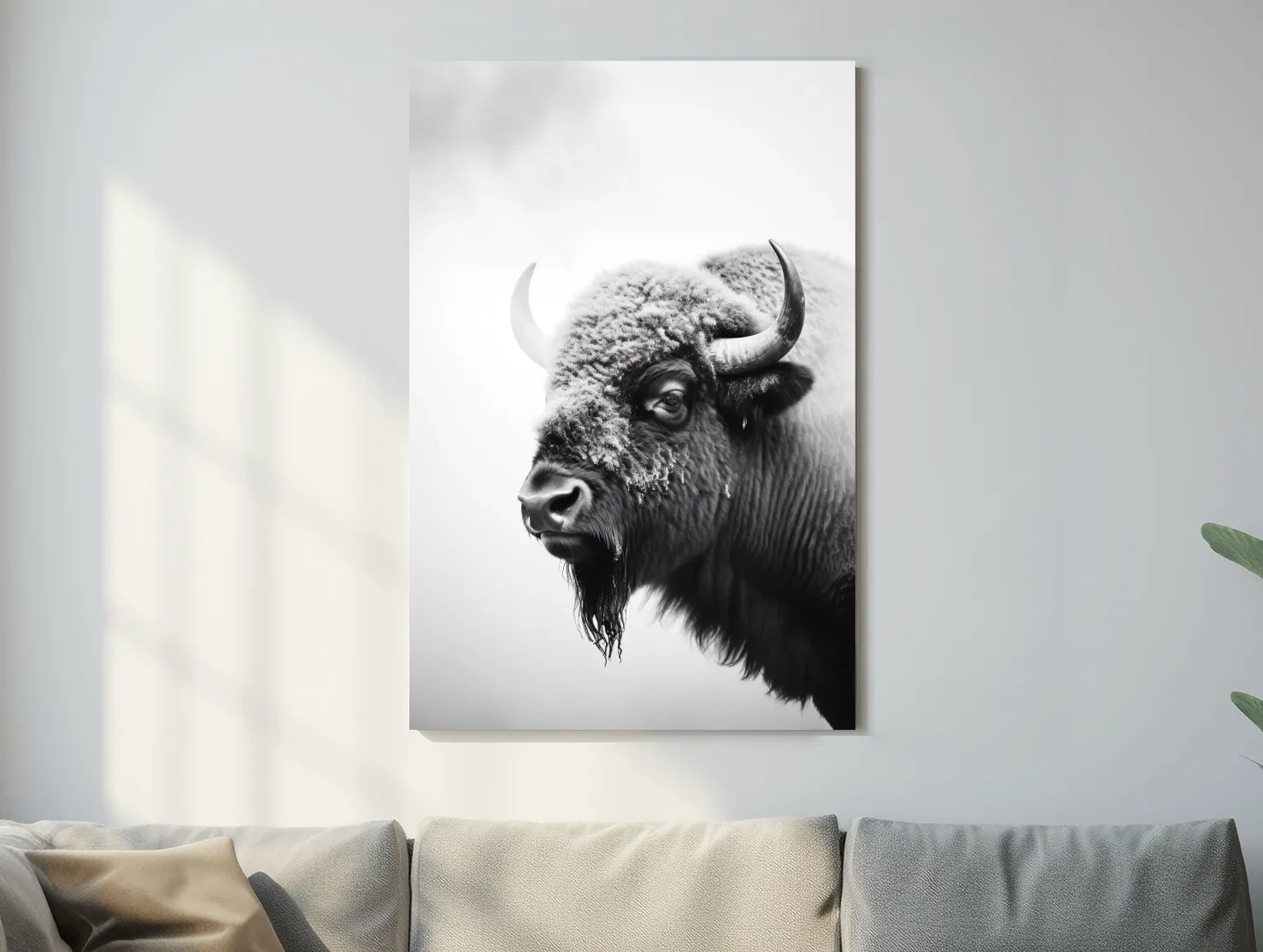 Moody Black And White Bison Portrait - Minimalist Photographic Wildlife Wall Art