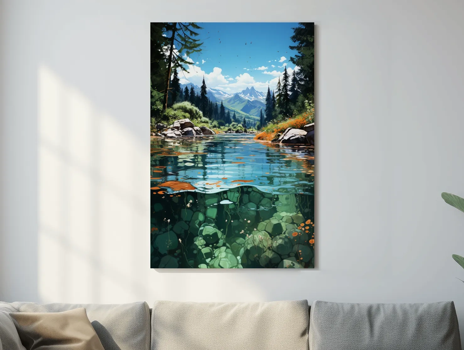 Crystal Clear Alpine River Landscape Illustration - Vibrant Mountain Forest Artwork