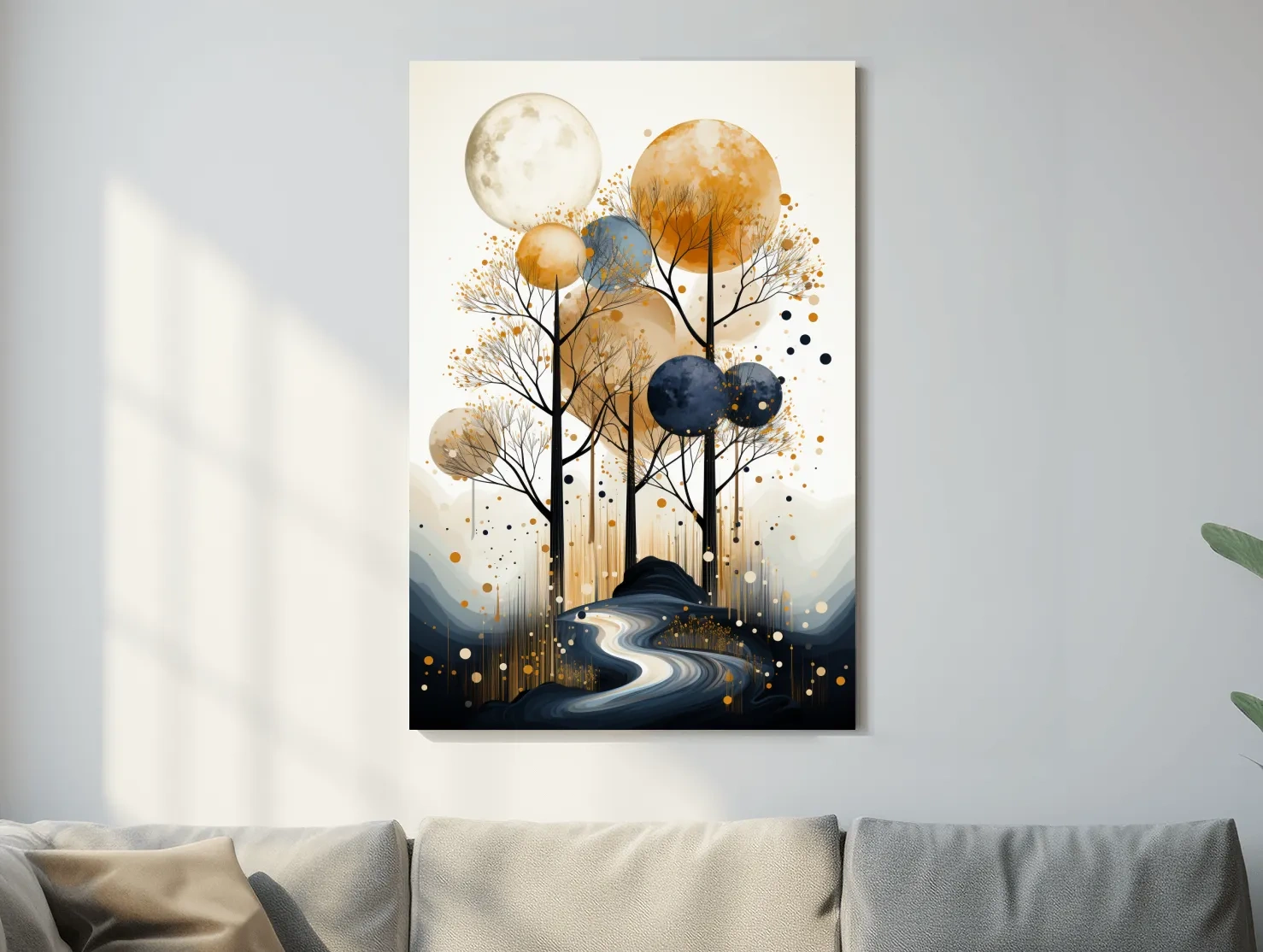 Surreal Golden Moonlit Forest River - Chic Boho Landscape Wall Art