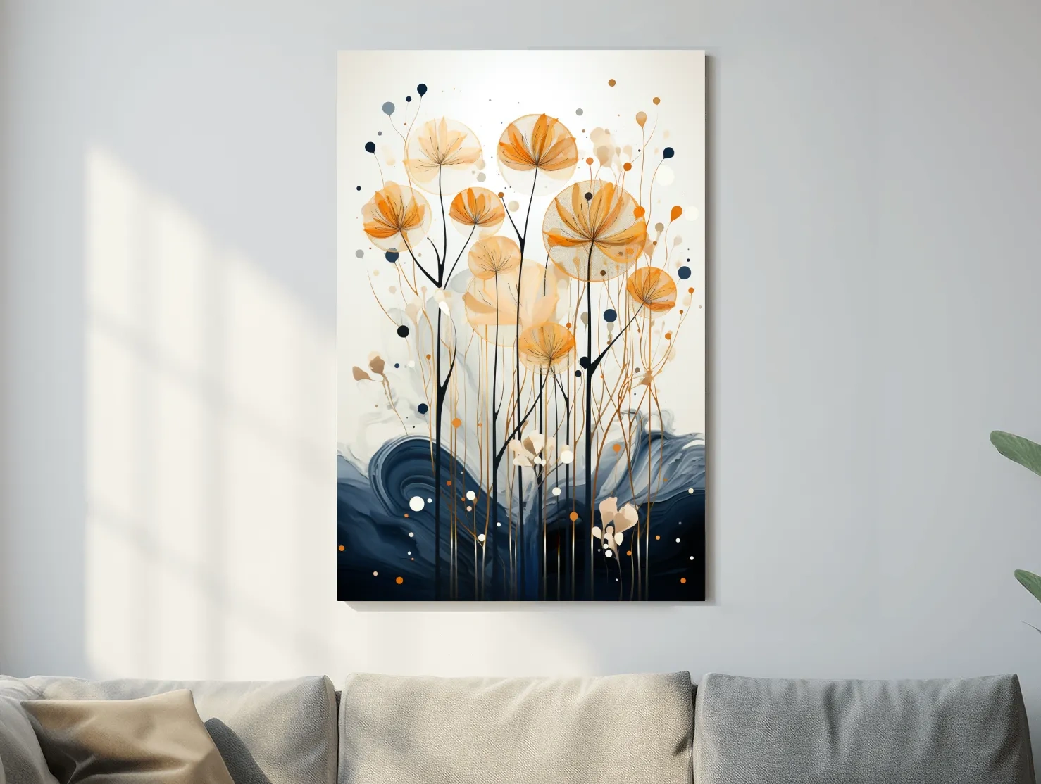 Abstract Golden Wildflower Ink Wash - Botanical Boho Wall Art