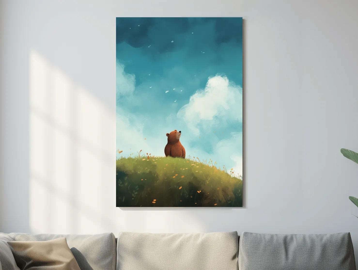 Whimsical Bear Cub Meadow Illustration - Cute Woodland Nursery Wall Art