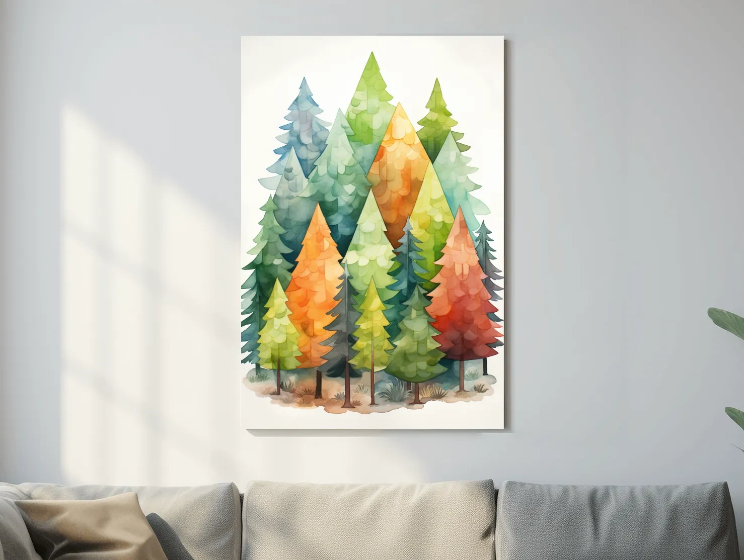 Whimsical Watercolor Pine Forest Illustration - Colorful Scandinavian Nature Wall Art