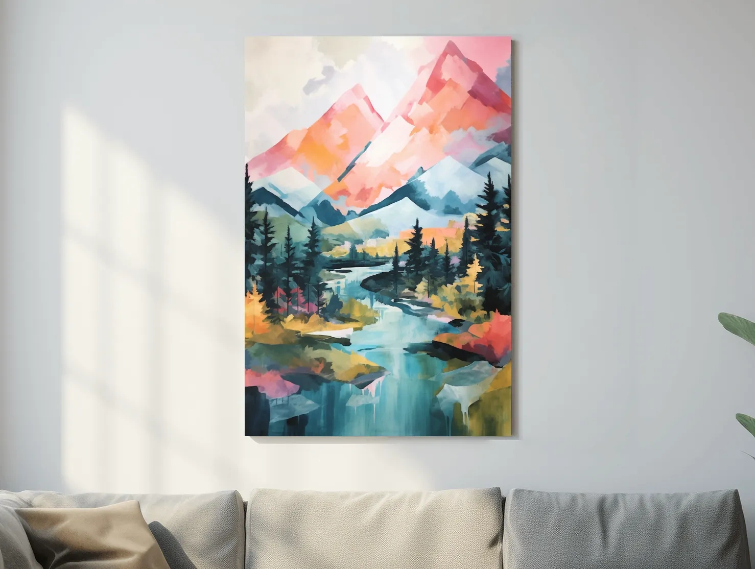 Vibrant Mountain River Landscape Painting - Colorful Alpine Forest Wall Art