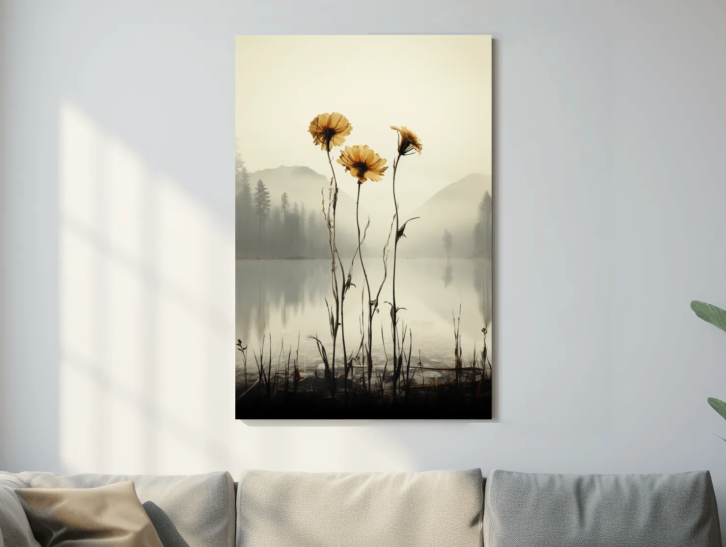 Wildflower Misty Lake Landscape - Minimalist Botanical Wall Art