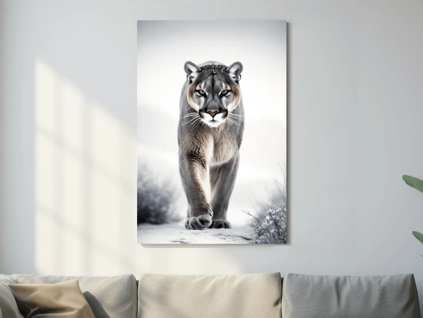 Photograph of a mountain lion walking in snow