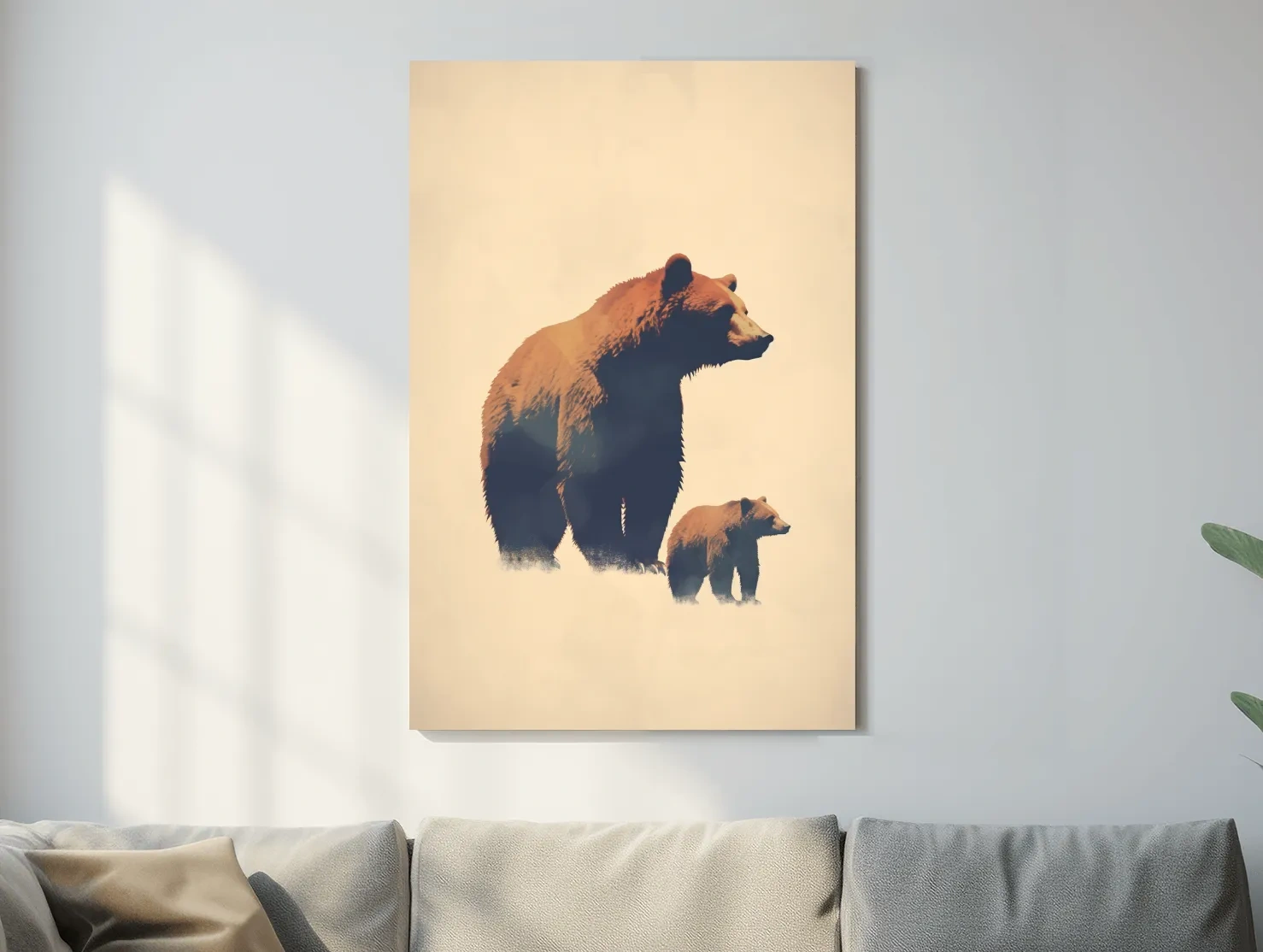 Minimalist Grizzly Bear Mother And Cub Artwork - Neutral Wildlife Wall Art
