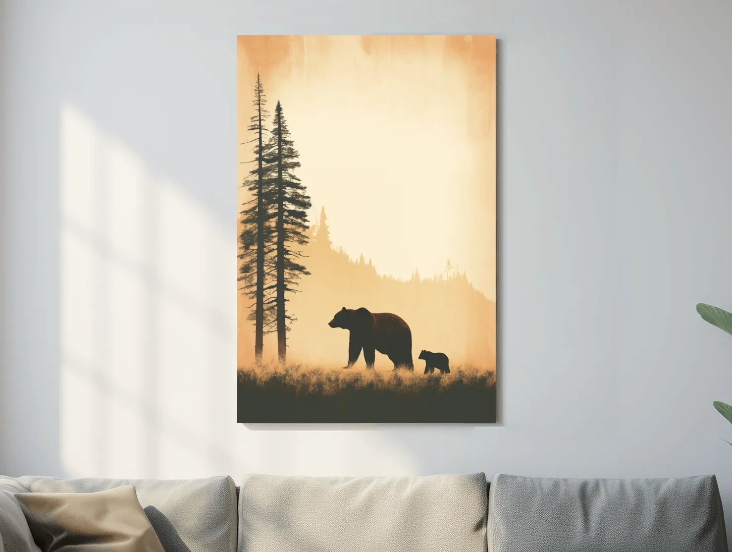 Grizzly Bear And Cub Silhouettes - Misty Forest Minimalist Wall Art