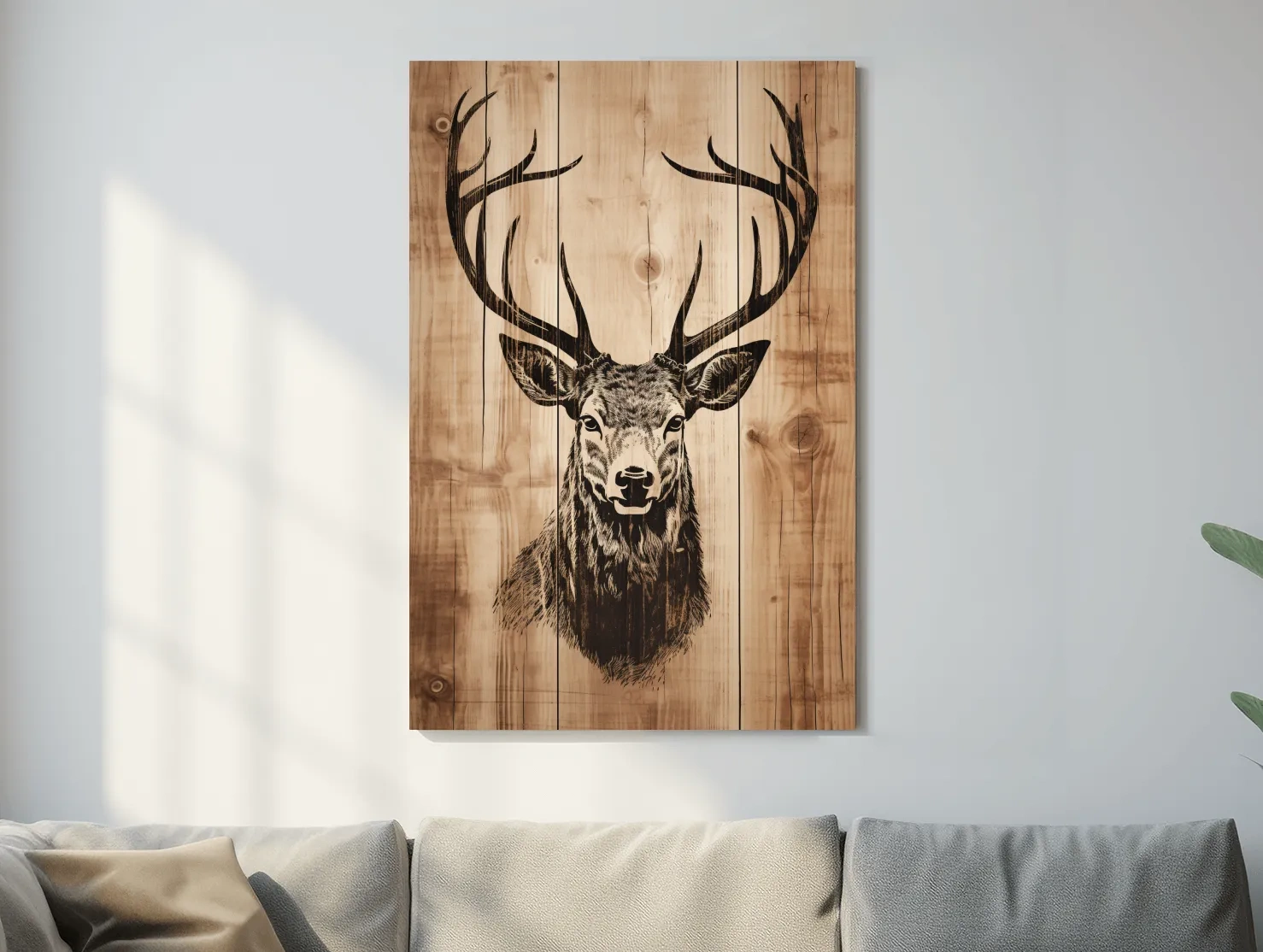 Rustic Deer Head Woodburn Style Portrait - Lodge Cabin Wildlife Wall Art