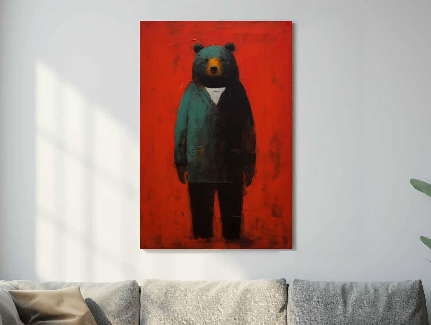 Bear wearing a suit, expressive textured painting