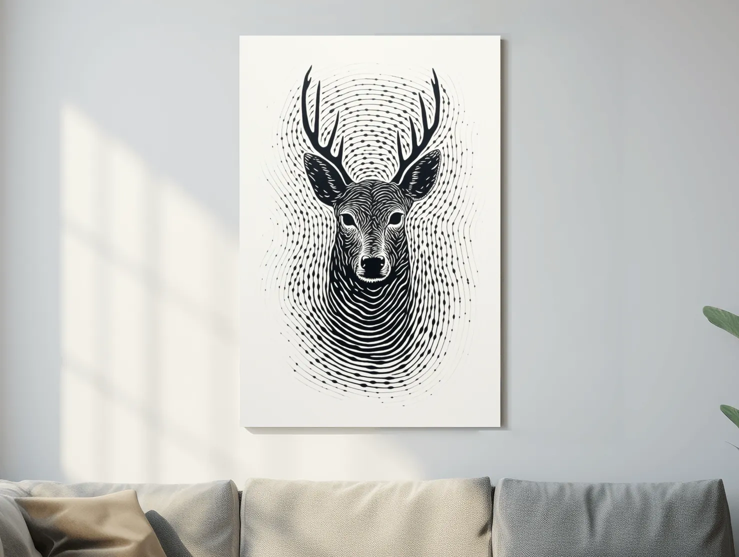Psychedelic Deer Head Fingerprint Line Art - Black And White Wildlife Wall Art