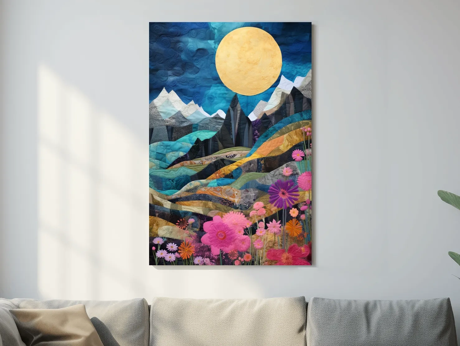 Quilted Wildflower Mountain Landscape - Colorful Patchwork Textile Style Wall Art