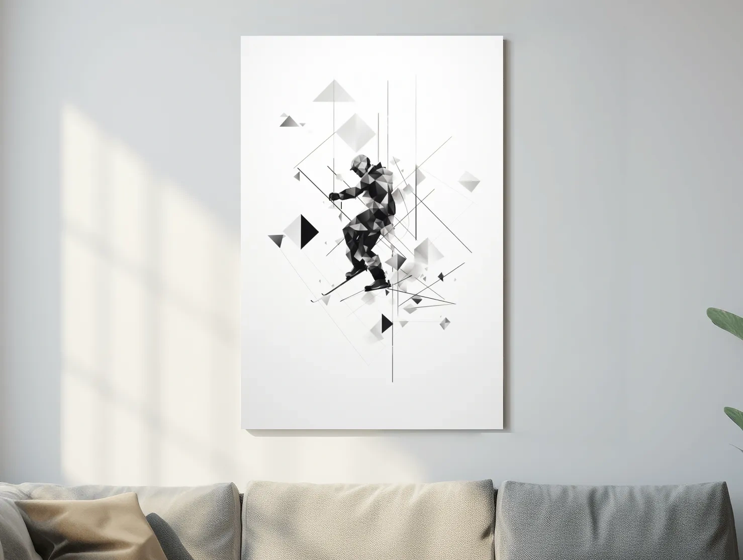 Monochrome Geometric Skier Silhouette - Abstract Winter Sports Wall Art