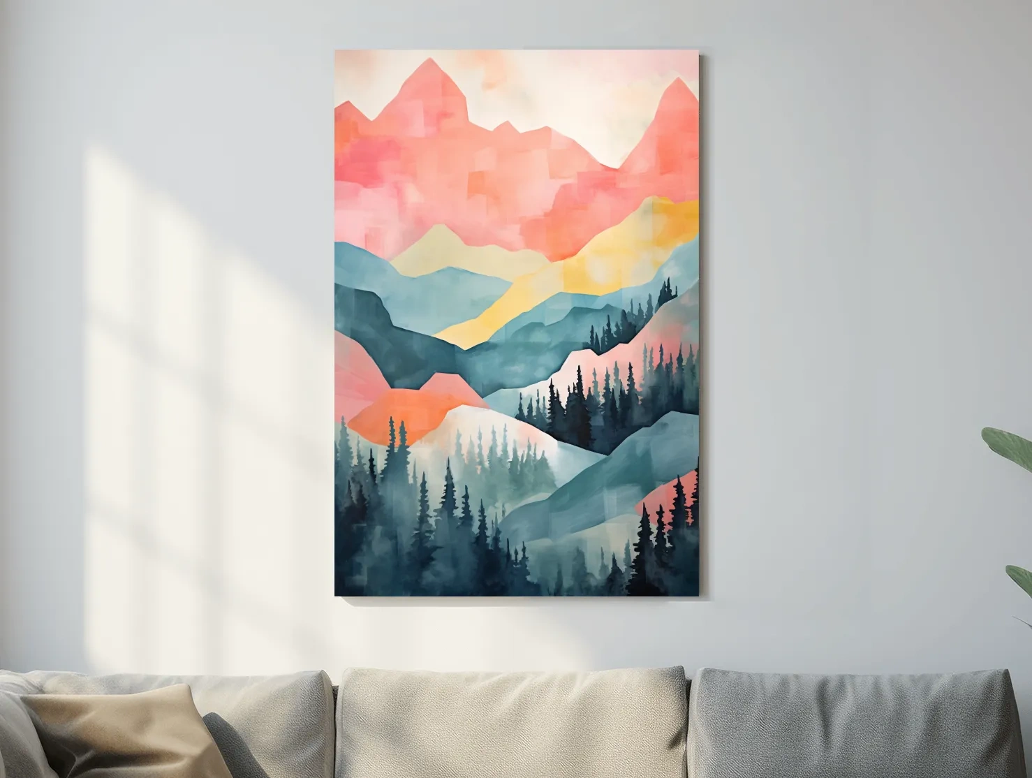 Abstract Watercolor Mountain Sunrise Landscape - Pastel Alpine Forest Wall Art