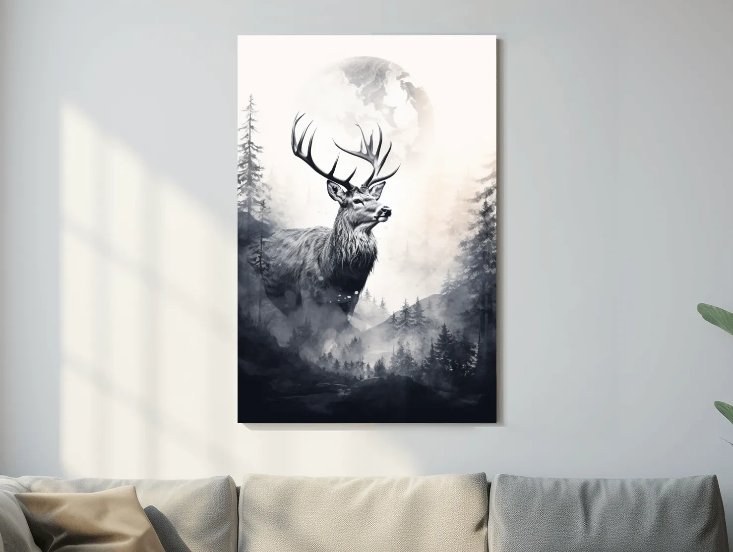 Majestic Stag In Misty Moonlit Forest - Double Exposure Wildlife Wall Art