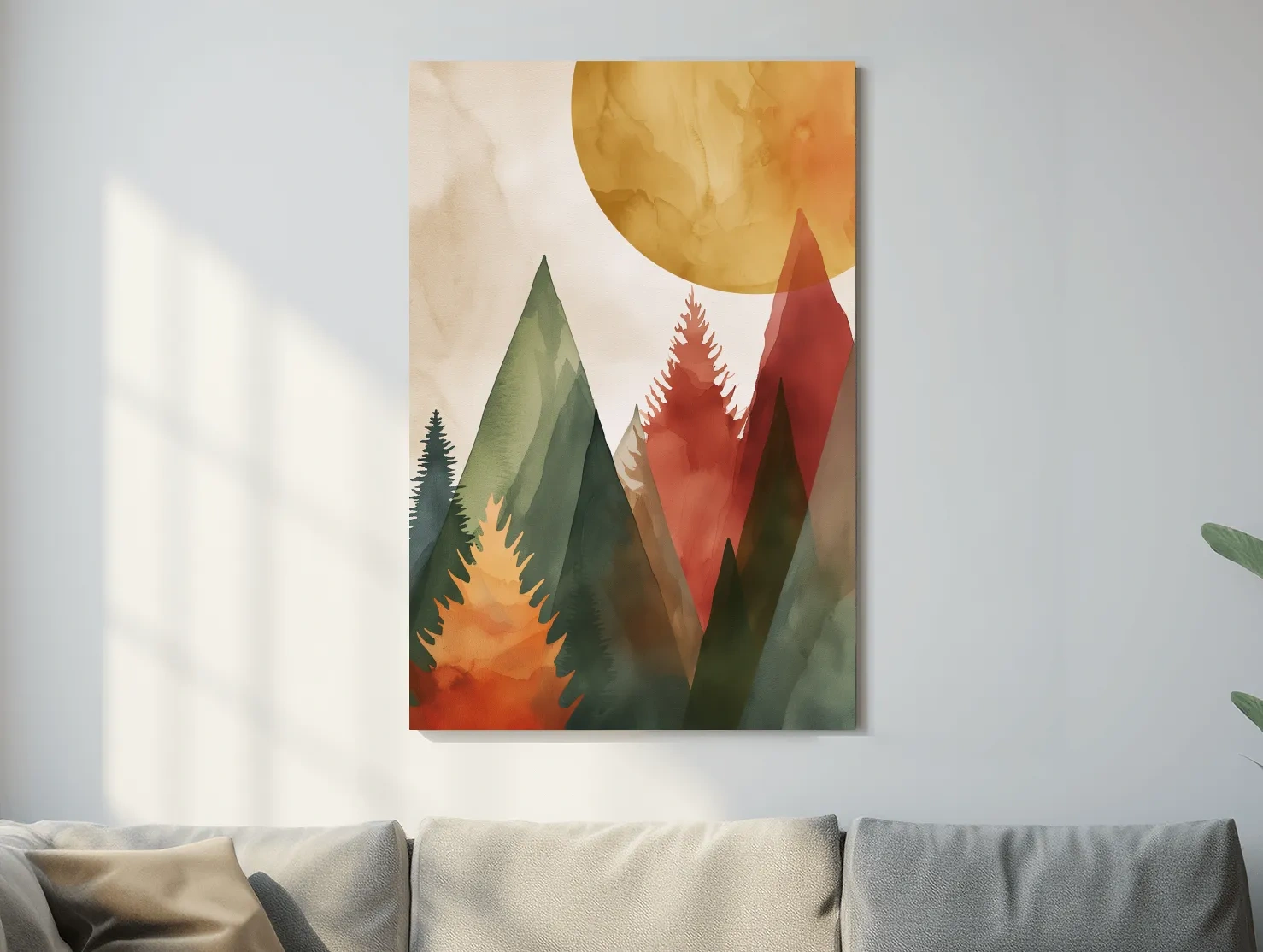 Rustic Watercolor Mountain Forest Sunrise - Modern Minimalist Wall Art