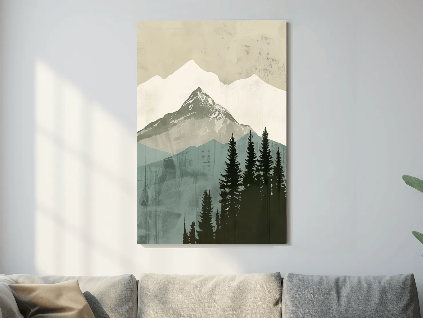 Scandinavian Mountain Peak And Pine Forest Artwork - Minimalist Landscape Wall Art