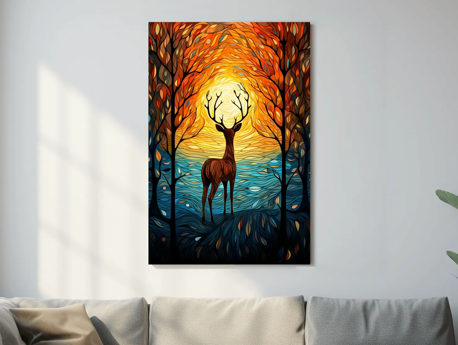 Glowing Autumn Forest Deer Silhouette - Vibrant Stained Glass Style Wall Art