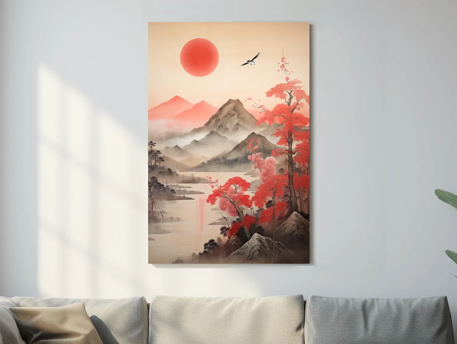 Japanese Ink Wash Mountain Sunrise - Sakura Cherry Blossom Wall Art