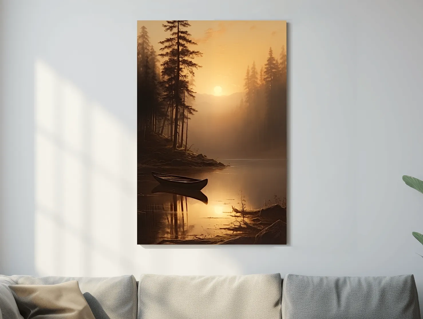 Misty Golden Lake Sunrise With Canoe - Serene Pine Forest Mountain Landscape Wall Art