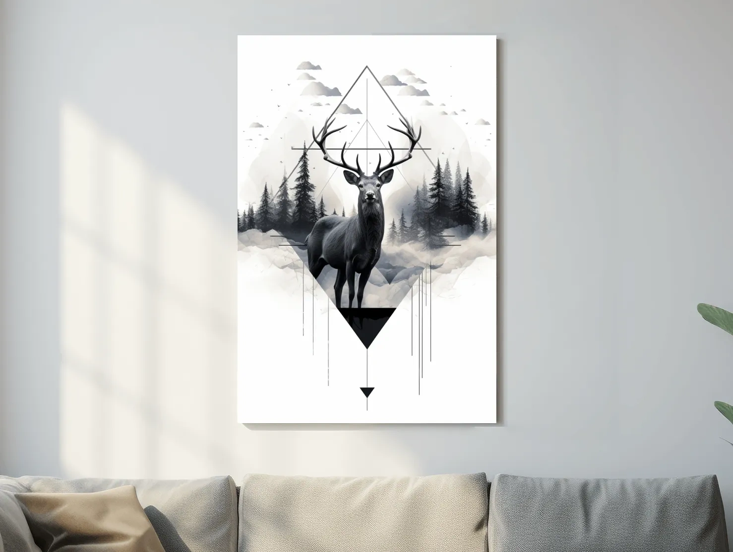 Geometric Monochrome Stag In Misty Pines - Tattoo Inspired Wildlife Wall Art