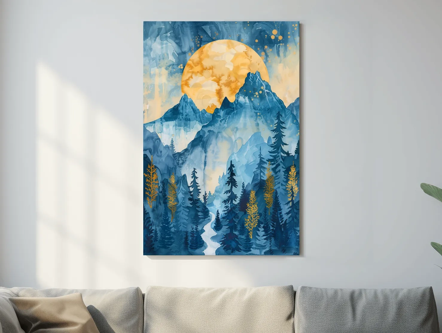 Alpine Sunset Watercolor Painting - Mountain Forest Landscape Wall Art