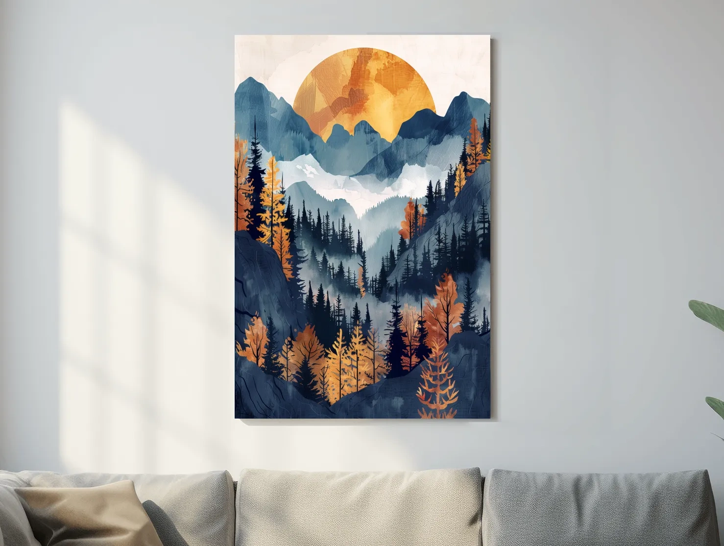 Foggy Autumn Alpine Forest Sunset - Modern Watercolor Mountain Wall Art
