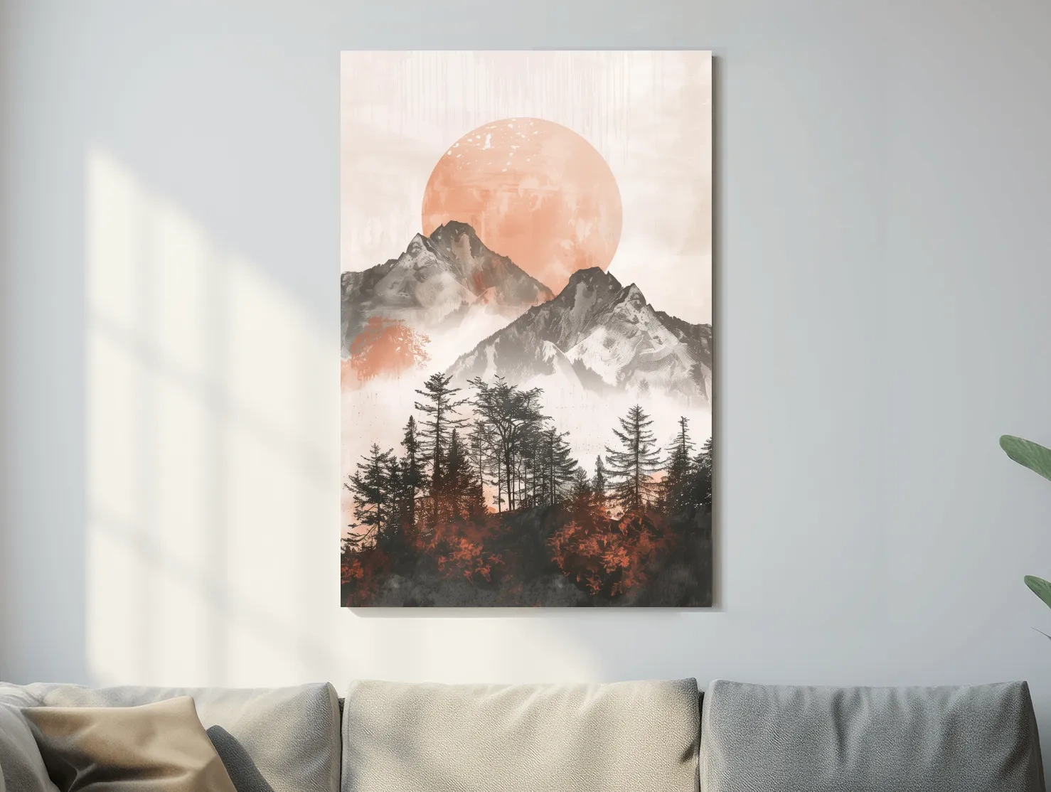 Japandi Mountain Sunrise With Pine Forest - Minimalist Watercolor Landscape Art