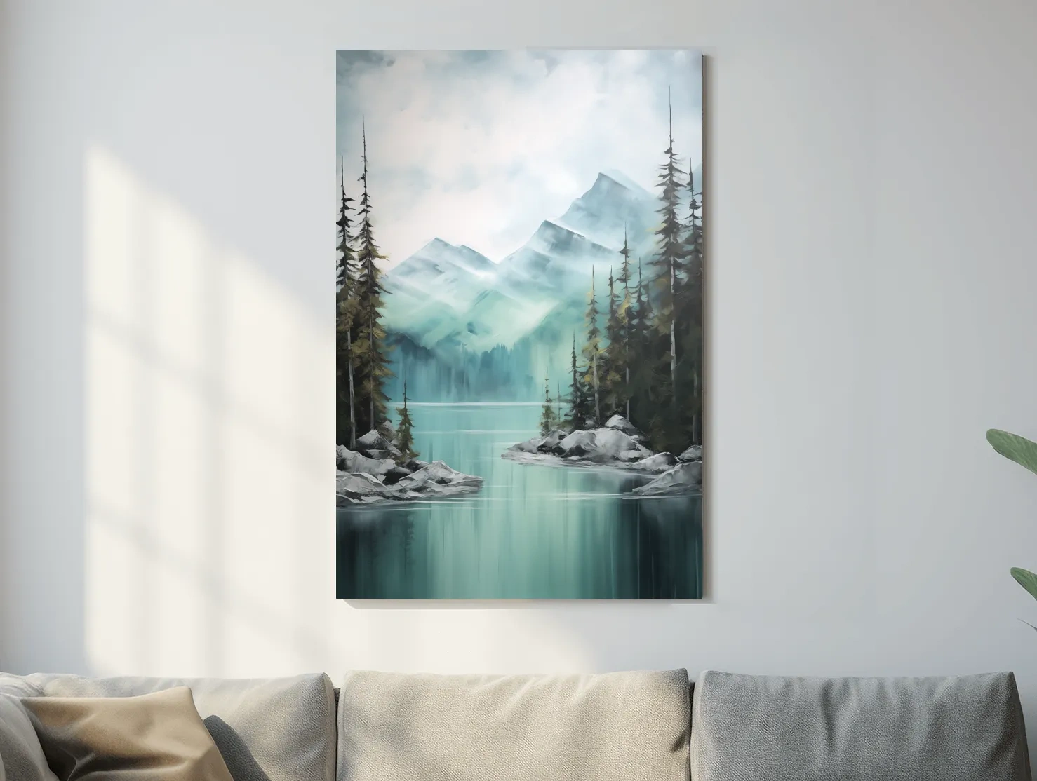 Misty Turquoise Mountain Lake Landscape - PNW Watercolor Forest Wall Art