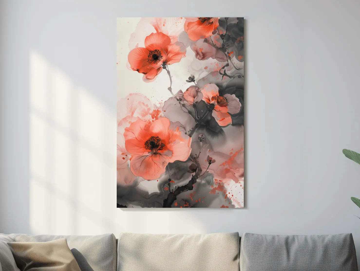 Poppy Blossom Ink Wash Painting - Floral Botanical Watercolor Artwork