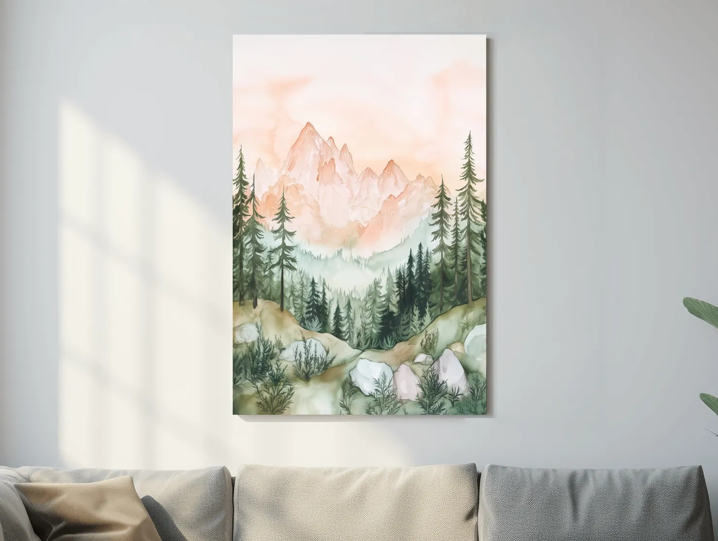 Pastel Watercolor Mountain Peaks & Pine Forest - Serene Alpine Landscape Artwork