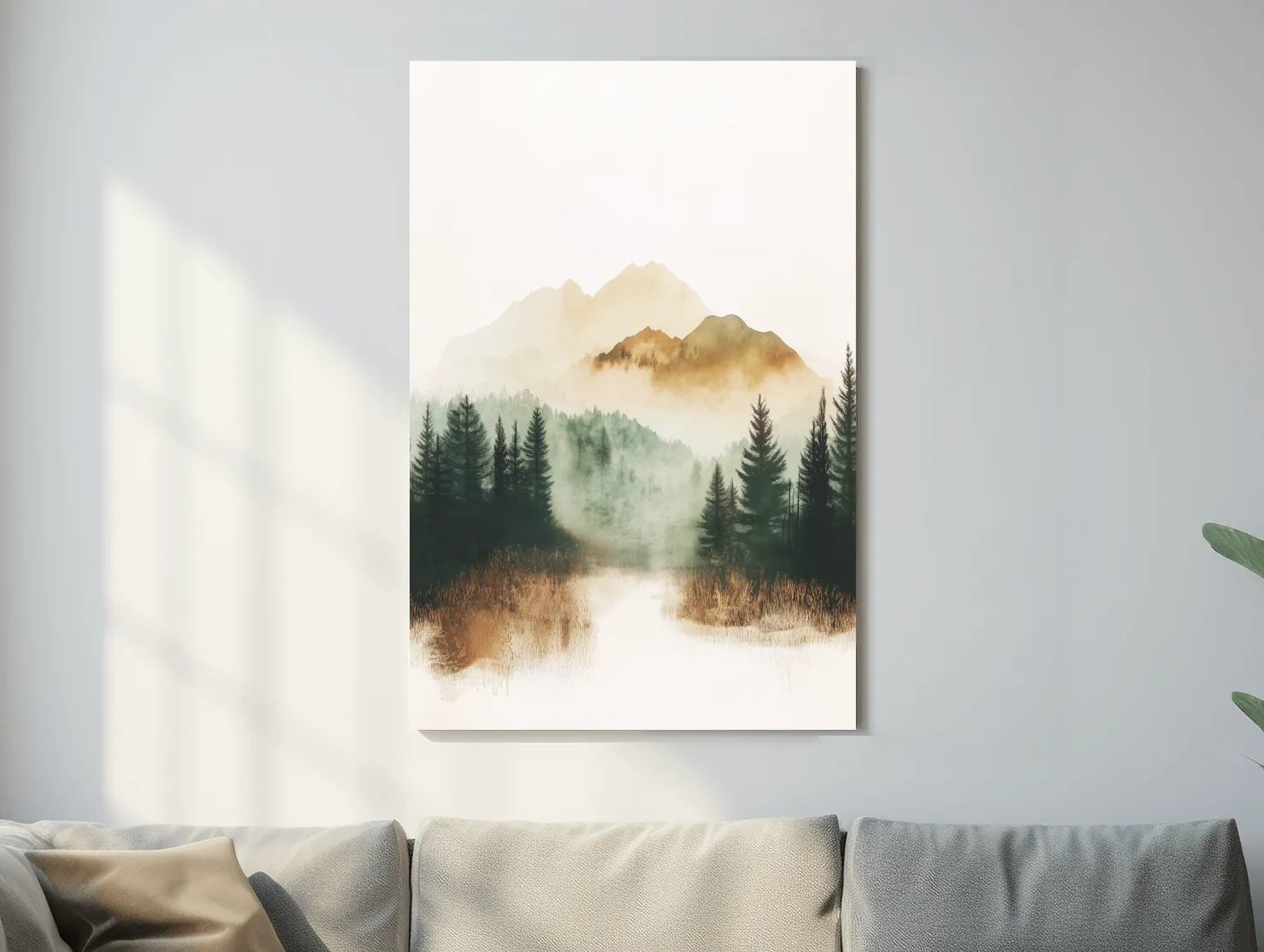 Misty Watercolor Mountain Lake & Pine Forest - Serene Nature Landscape Wall Art