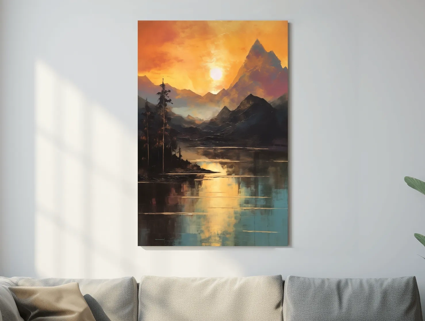 Golden Sunset Alpine Lake Reflection - Mountain Oil Painting Wall Art