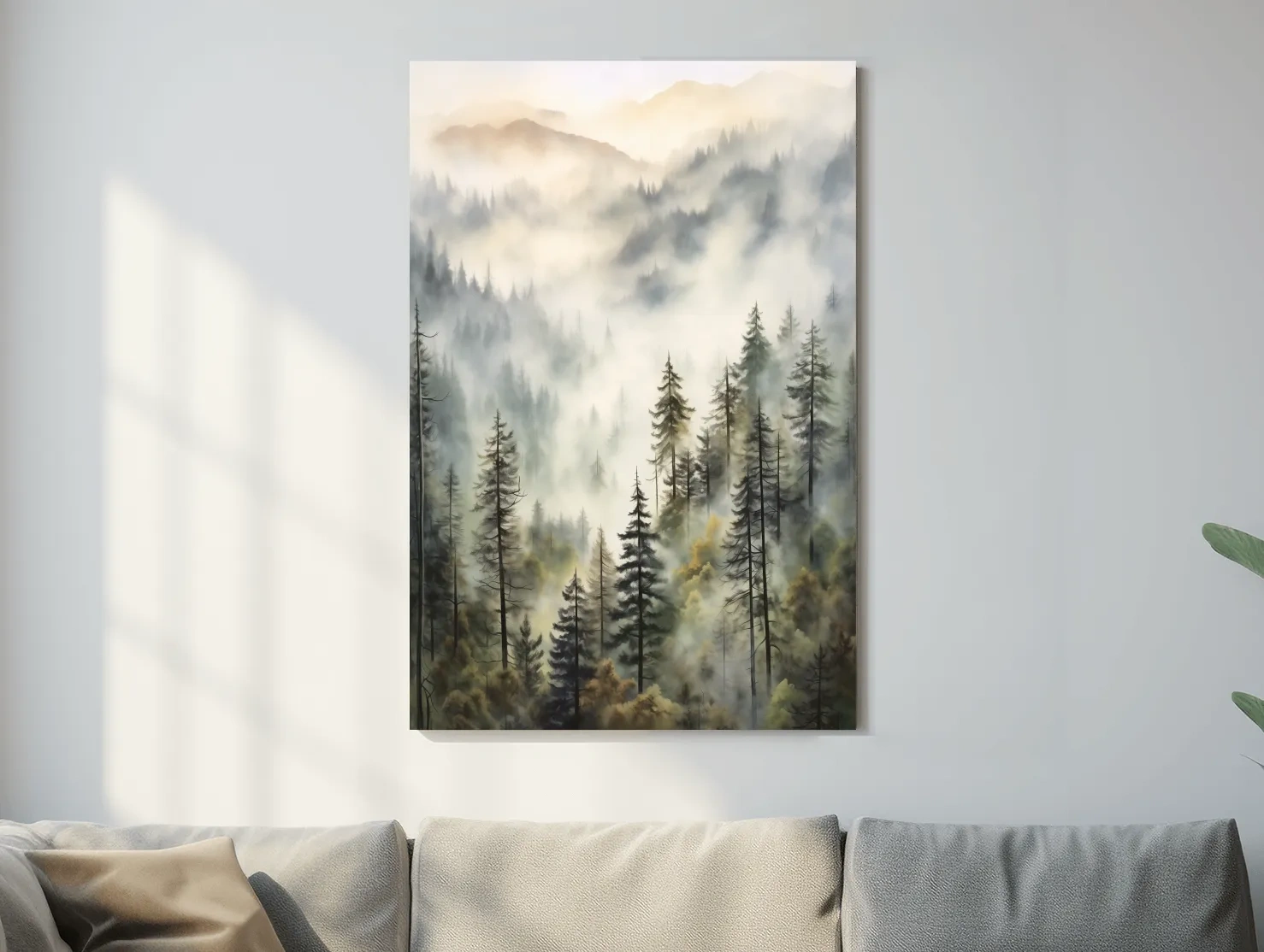 Misty Pine Forest Mountains Watercolor - Serene Foggy Landscape Wall Art
