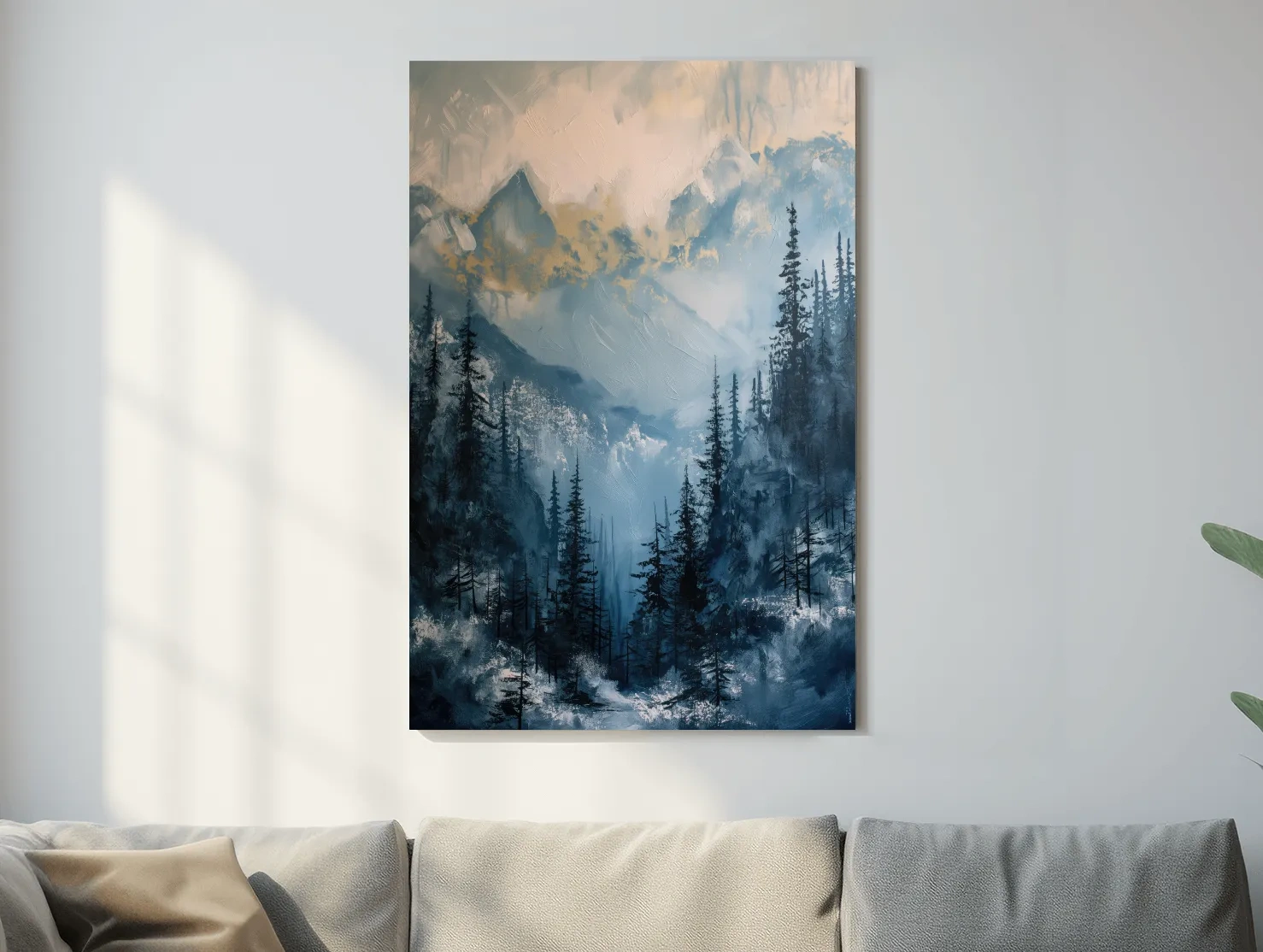 Moody Misty Blue Mountain Forest Painting - Alpine Landscape Wall Art